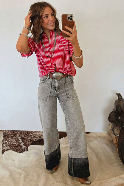 Blue Stripe Ruffled Short Puff Sleeve Button Front Blouse
