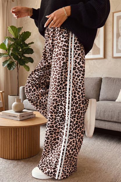 Beige Leopard Print Side Striped Detail Casual Wide Leg Pants