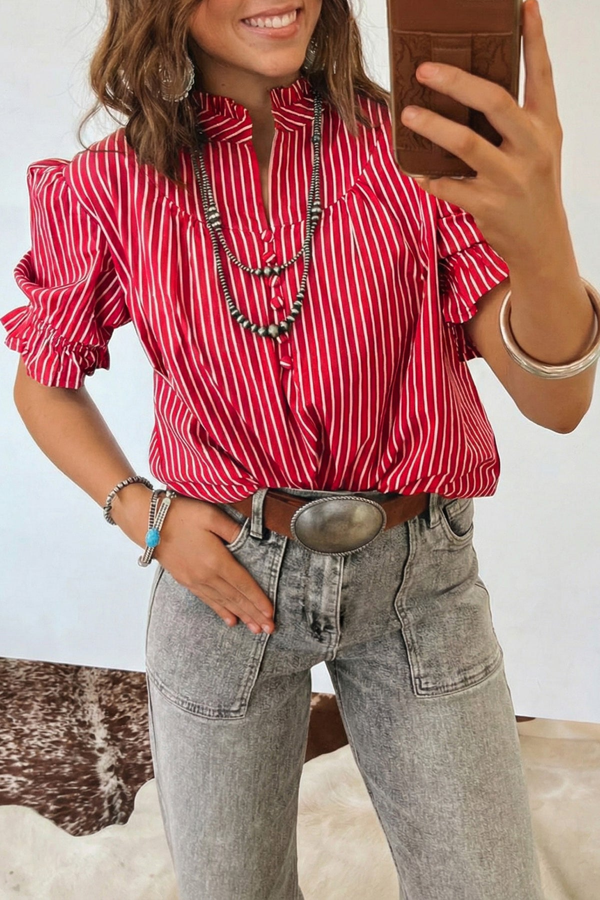 Blue Stripe Ruffled Short Puff Sleeve Button Front Blouse