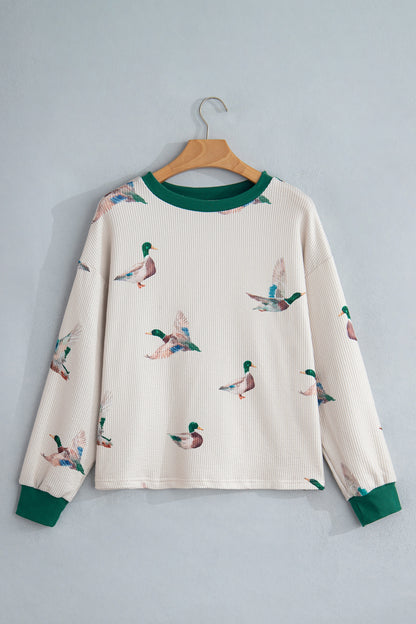 Beige Twisted Ribbed Duck Print Crewneck Casual Pullover Top