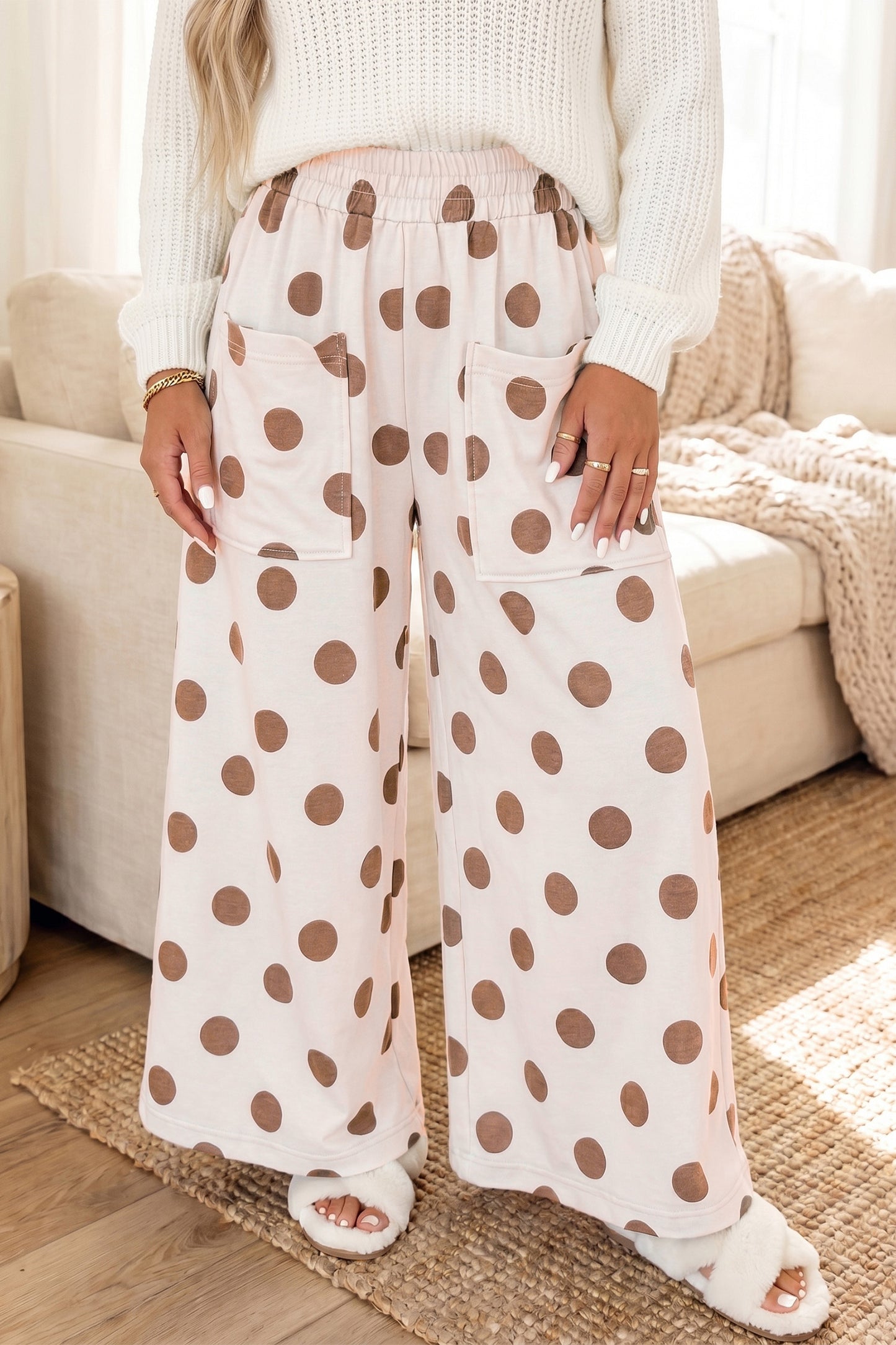Beige Polka Dot Wide Leg Elastic Waist Casual Pants