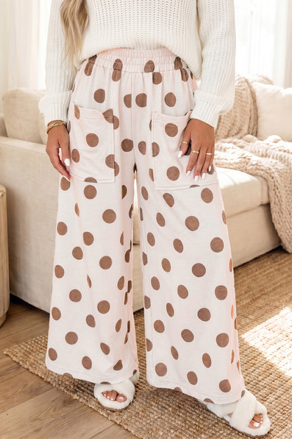 Beige Polka Dot Wide Leg Elastic Waist Casual Pants