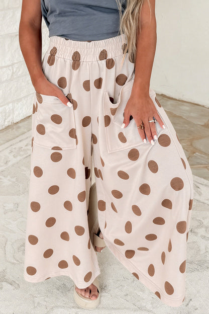 Beige Polka Dot Wide Leg Elastic Waist Casual Pants
