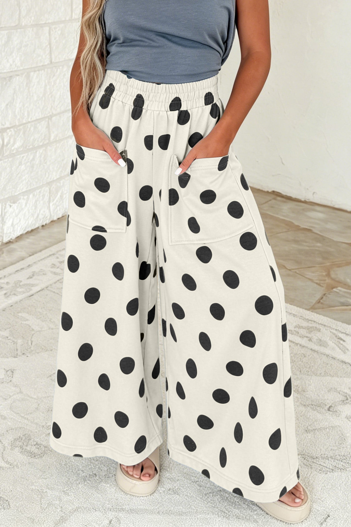 Beige Polka Dot Wide Leg Elastic Waist Casual Pants
