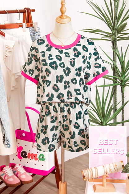 Brown Unique Leopard Print Contrast Trim Top Loose 2pcs Short Set