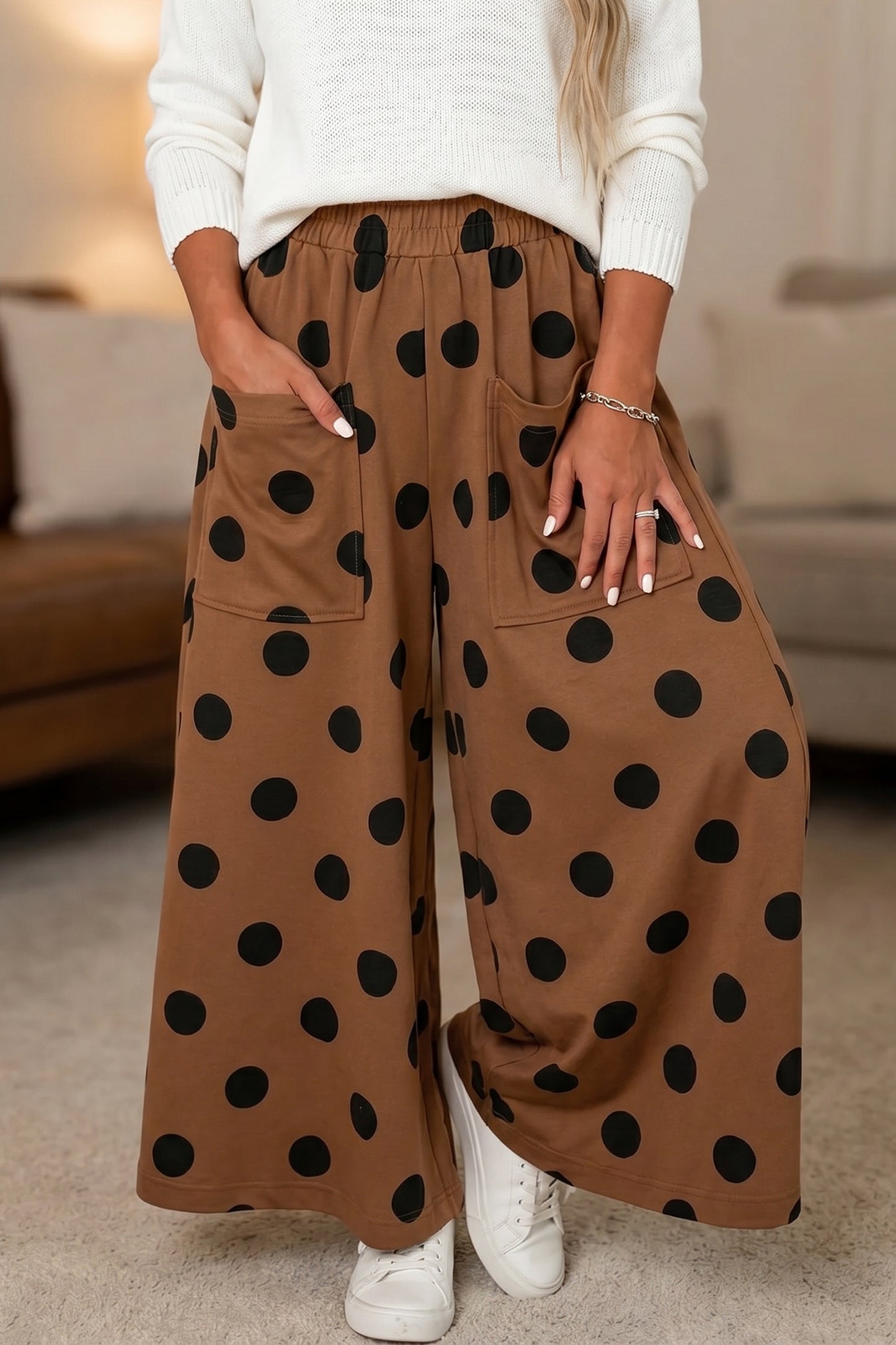 Beige Polka Dot Wide Leg Elastic Waist Casual Pants