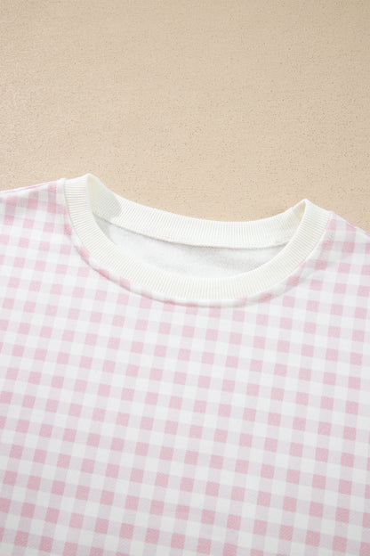 Pink Plaid Baggy Pullover Drawstring Casual Shorts 2pcs Outfit