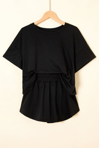 Black 2pcs Cropped Tee and Ruffle High Waist Skort Set