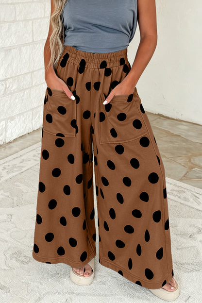 Beige Polka Dot Wide Leg Elastic Waist Casual Pants