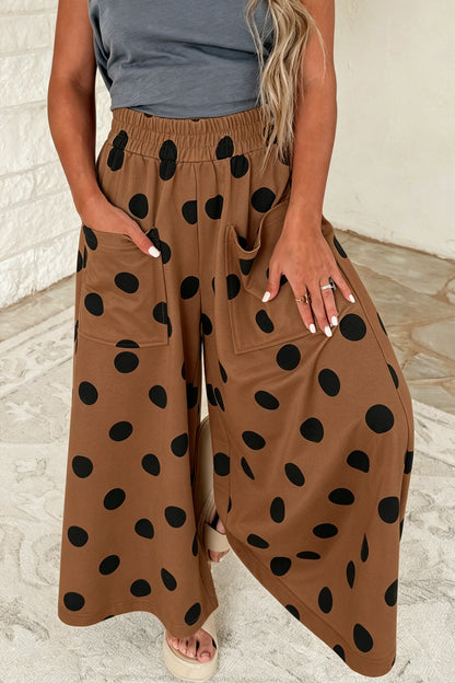 Beige Polka Dot Wide Leg Elastic Waist Casual Pants