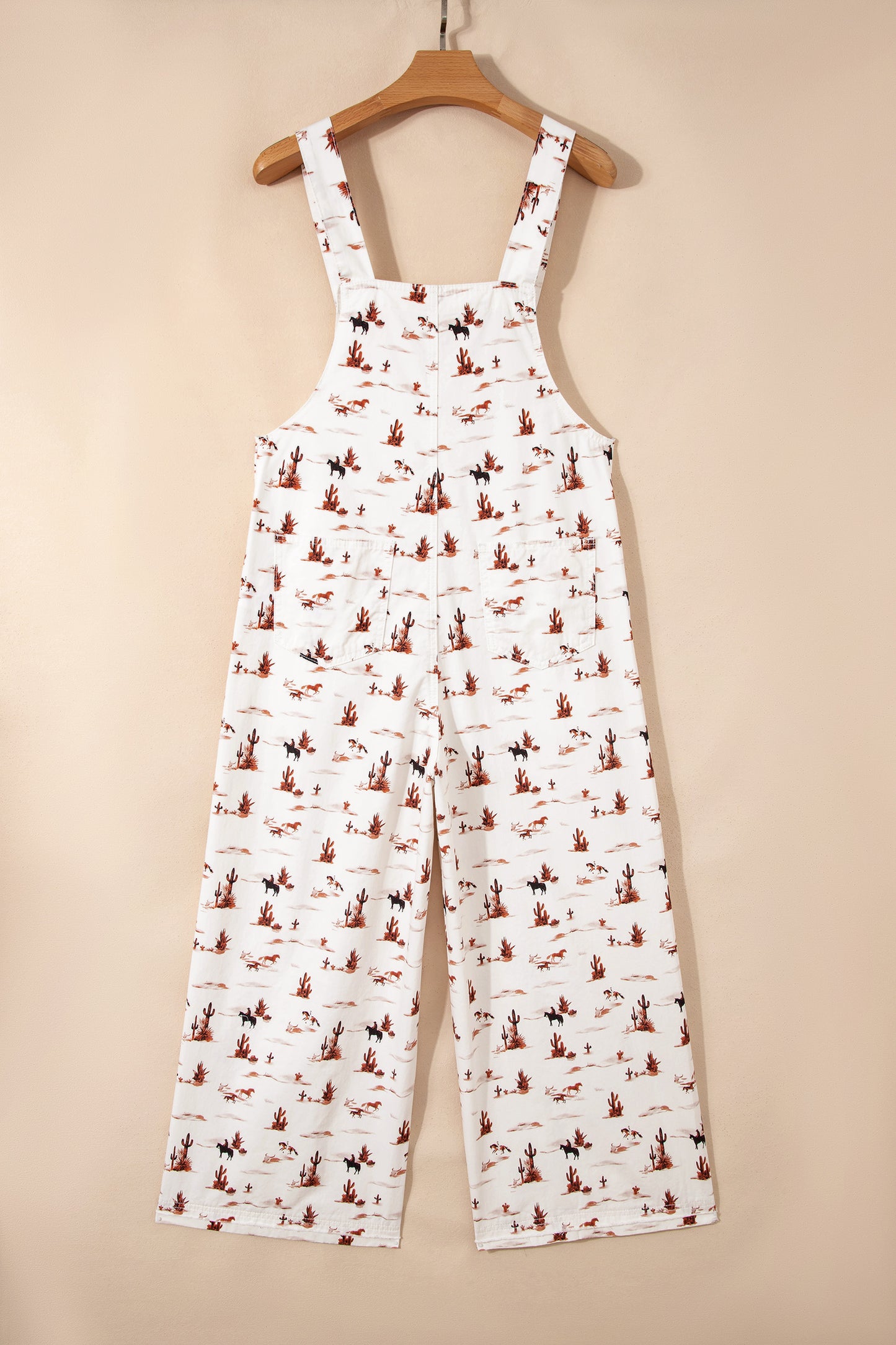 Beige Western Printed Button Adjustable Straps Loose Jumpsuit Dungarees
