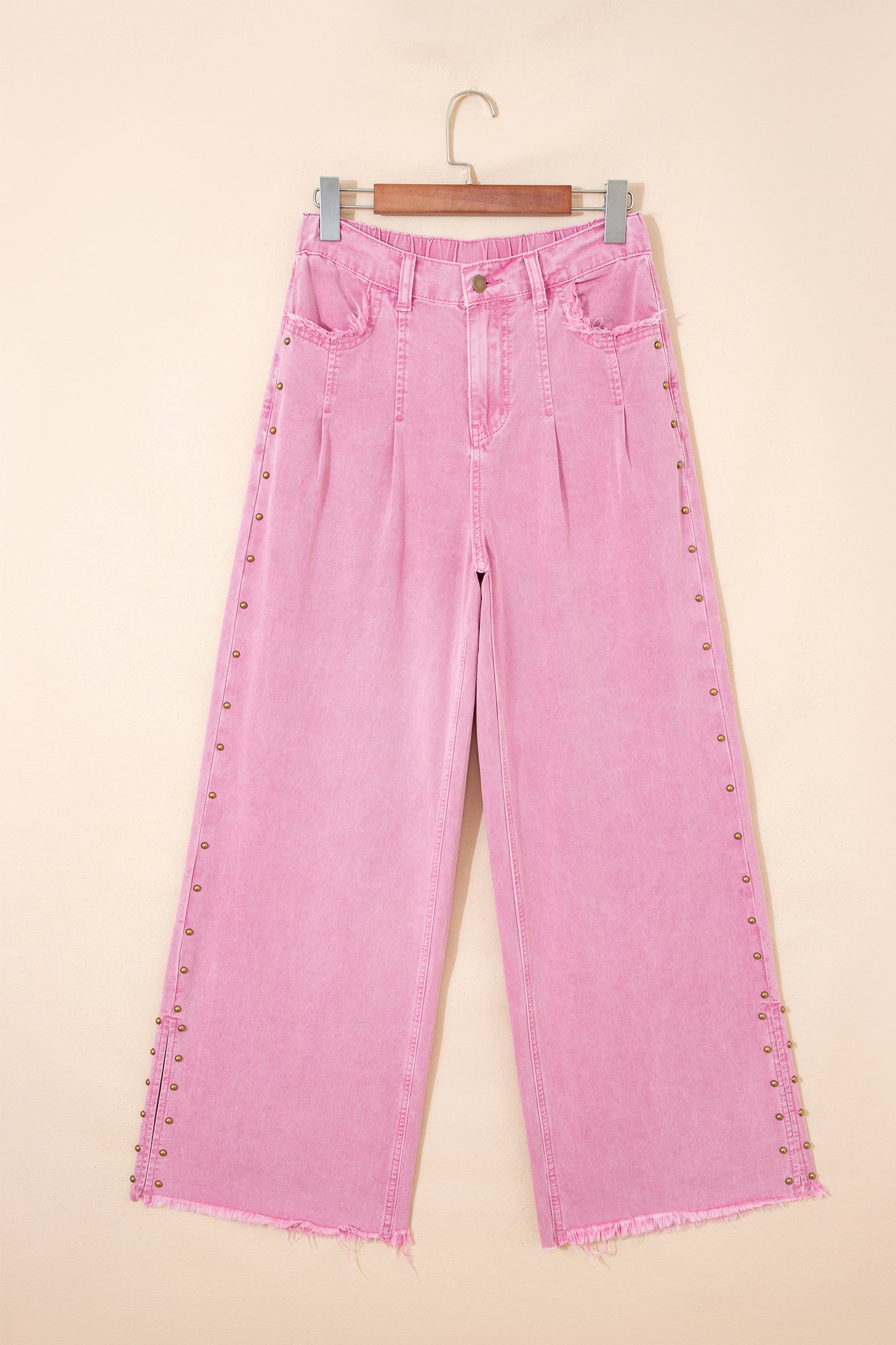 Pink Beaded Side Detail Split Loose Jeans
