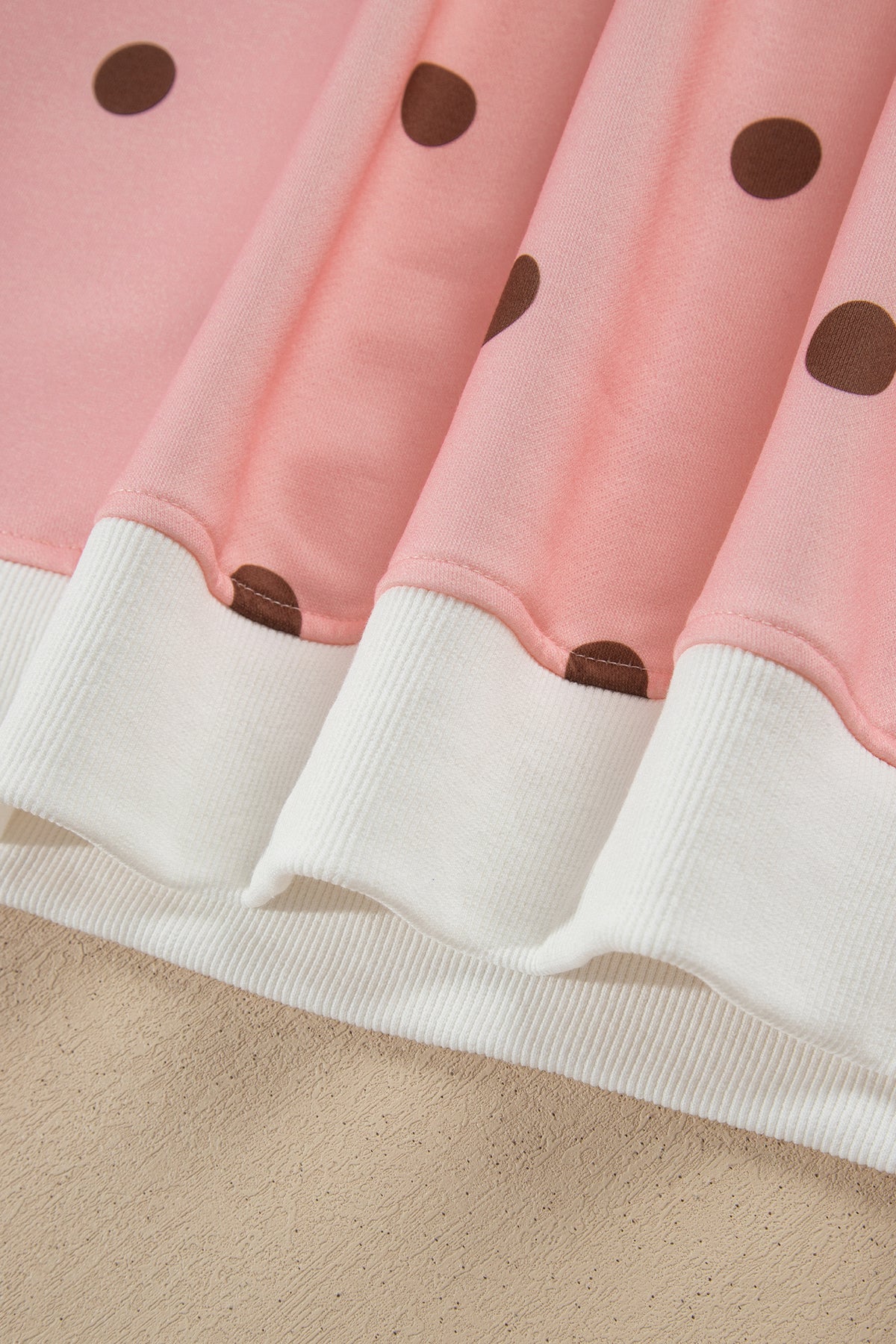 Brown Polka Dot Ribbed Trim Long Sleeve Top Casual Short Set