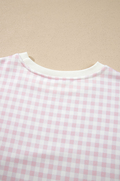 Pink Plaid Baggy Pullover Drawstring Casual Shorts 2pcs Outfit