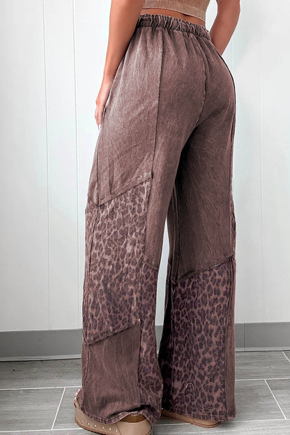Coffee Mineral Wash Leopard Patchwork Loose Pants