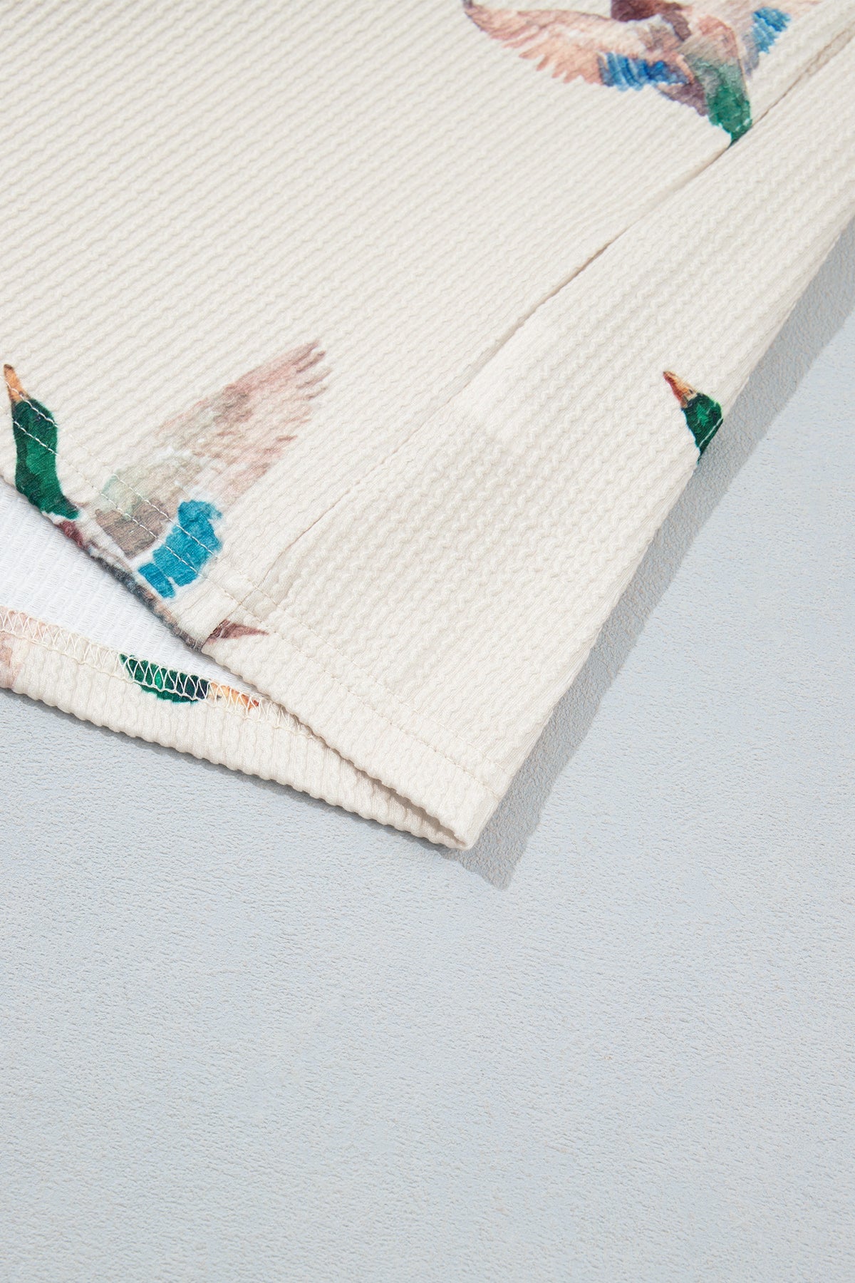 Beige Twisted Ribbed Duck Print Crewneck Casual Pullover Top