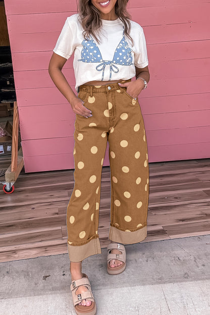 Sky Blue Polka Dot Ankle-Length Metal Button Casual Jeans