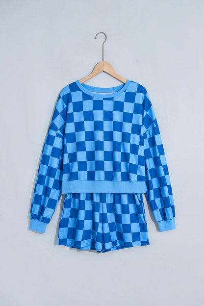 Pink Plaid Checkered Long Sleeve Crop Top Elastic Waist Shorts Two Piece Set