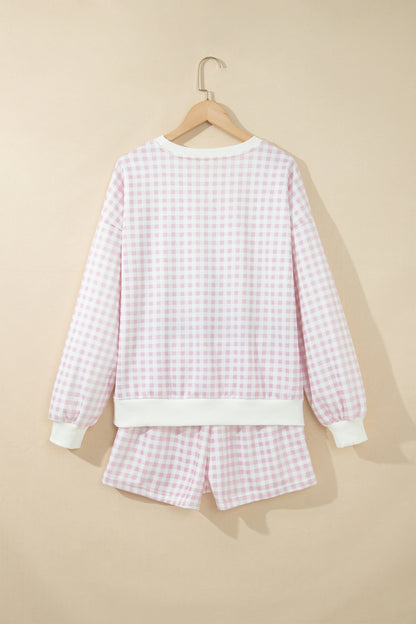 Pink Plaid Baggy Pullover Drawstring Casual Shorts 2pcs Outfit