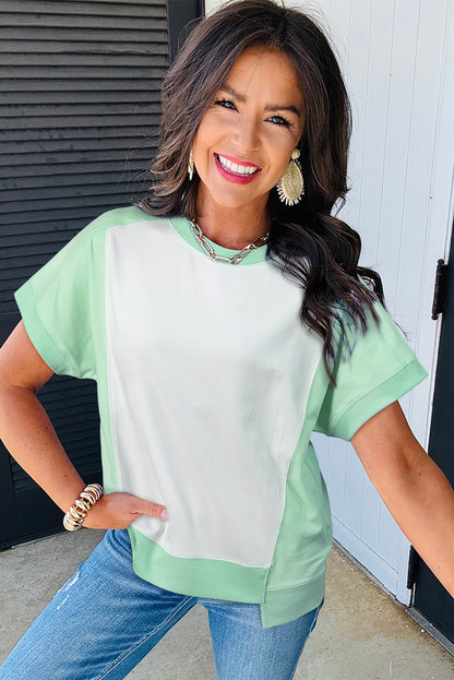 Light Green Color Block Exposed Seam Crew Neck T Shirt
