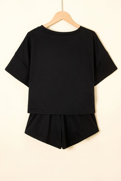 Black 2pcs Cropped Tee and Ruffle High Waist Skort Set