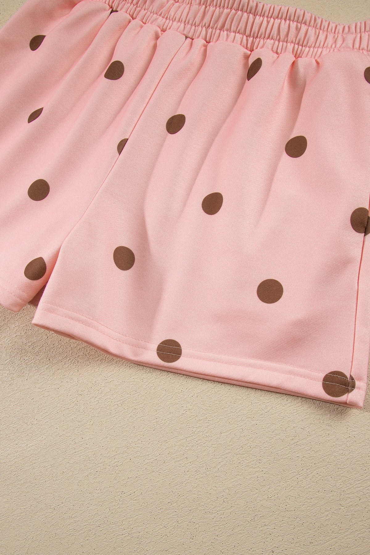 Brown Polka Dot Ribbed Trim Long Sleeve Top Casual Short Set