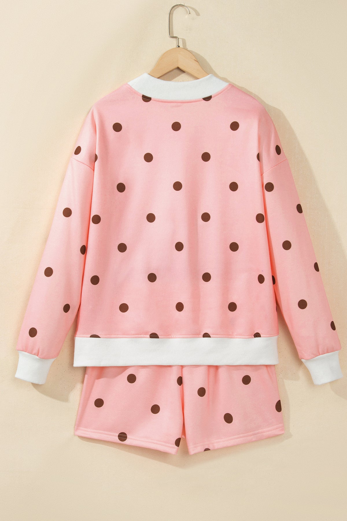 Brown Polka Dot Ribbed Trim Long Sleeve Top Casual Short Set