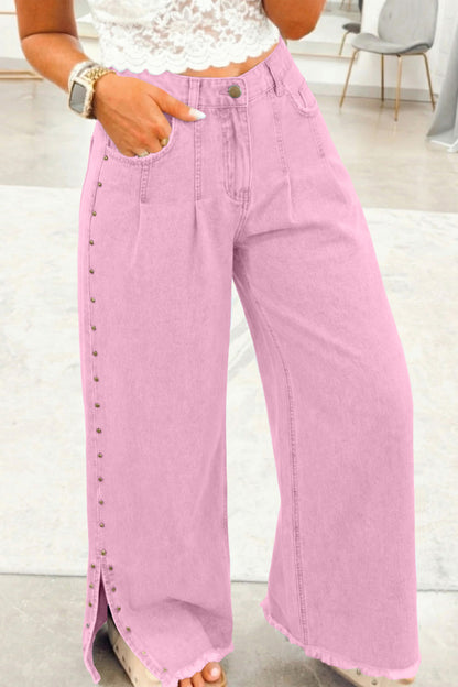 Pink Beaded Side Detail Split Loose Jeans