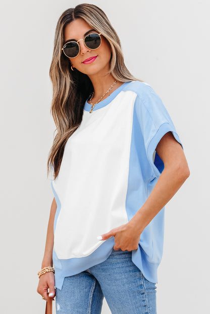 Light Green Color Block Exposed Seam Crew Neck T Shirt
