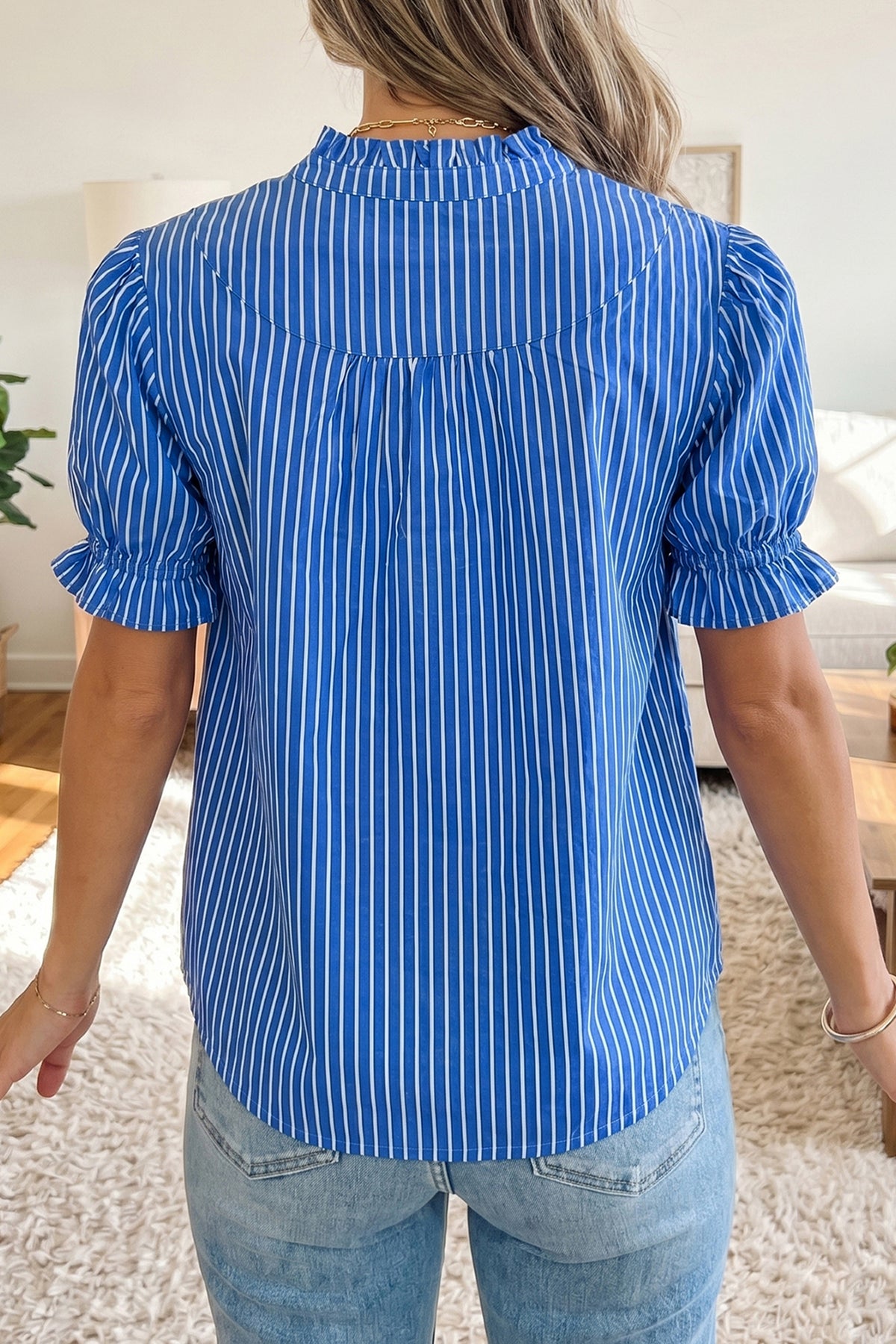 Blue Stripe Ruffled Short Puff Sleeve Button Front Blouse