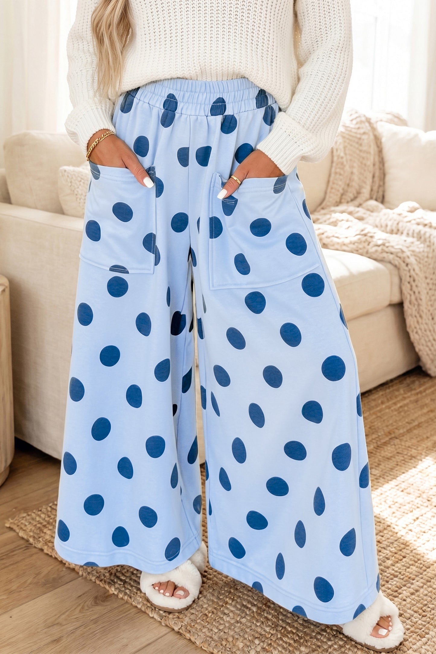Beige Polka Dot Wide Leg Elastic Waist Casual Pants