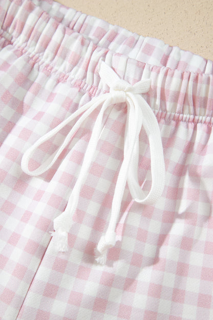 Pink Plaid Baggy Pullover Drawstring Casual Shorts 2pcs Outfit